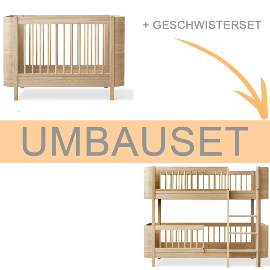 Oliver Furniture Umbauset Wood Mini+ Babybett inkl. Umbauset Juniorbett und Geschwisterset zum halbhohen Etagenbett Eiche